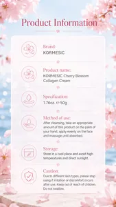 Product info card for KORMESIC Cherry Blossom Collagen Cream with usage and storage details