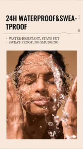 Close-up of model splashing water on face to show 24H waterproof liquid foundation effect
