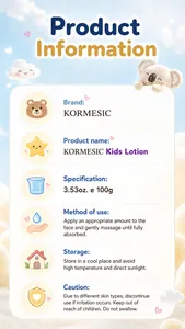 Detailed product information chart for KORMESIC kids facial lotion in 100g size