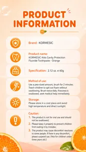 Especificaciones detalladas e instrucciones de uso para la pasta dental infantil KORMESIC naranja.