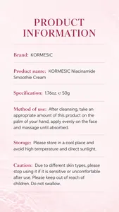 Product information card for KORMESIC Niacinamide Smoothie Cream listing usage and specs