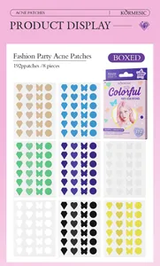 Vista dettagliata dei cerotti acne KORMESIC in 8 colori vivaci e 4 forme uniche.