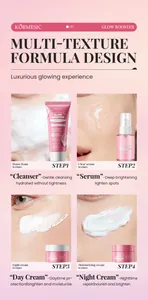 Gros plan de la routine de soins KORMESIC en quatre étapes : nettoyant, sérum, crèmes jour/nuit.