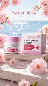 Detailed view of KORMESIC cherry blossom collagen cream box and jar in nature setting