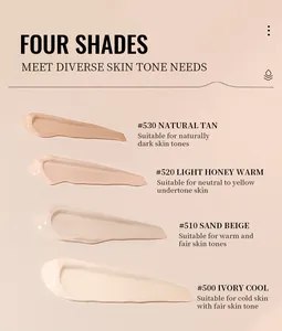 Detail view of four KORMESIC liquid foundation shades showing textures and skin tones