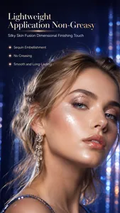 Détail professionnel de l'effet de maquillage pailleté argenté sur la joue du mannequin
