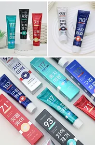 Collage detallado de tubos y cajas de pasta de dientes KORMESIC de varios colores