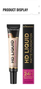 Detail view of KORMESIC HD Matte Liquid Foundation tube and retail packaging box