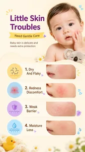 Infographic explaining baby skin issues like dryness and redness for Kormesic lotion