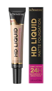 Detailed view of KORMESIC HD Liquid Matte Foundation tube and matching packaging box