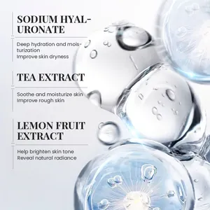 Détails des ingrédients du soin du visage à l'hyaluronate de sodium et extraits botaniques.