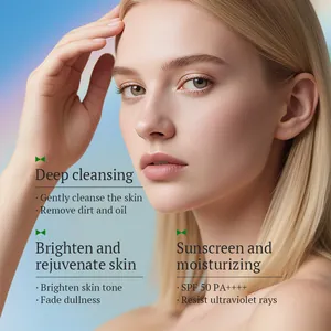 Vitamin C facial skincare series with cleansing, brightening, and SPF 50 sun protection