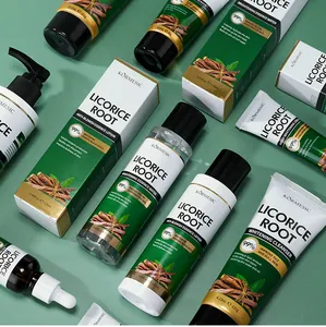 Gedetailleerde weergave van KORMESIC Licorice Root huidverzorgingsset op groene basis