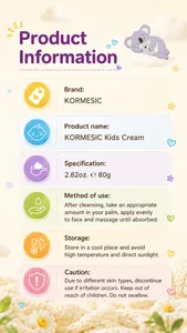 Detailed product information and usage for KORMESIC kids moisturizing face cream