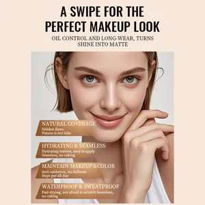 Professional makeup model showing natural liquid foundation coverage and smooth matte finish