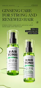 Detailopname van KORMESIC ginseng haartonicum serum flessen op een groene achtergrond