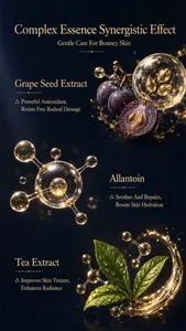 Detailed infographic of essence ingredients: Grape Seed, Tea Extract, and Allantoin for skin.