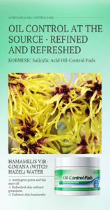 Detail view of KORMESIC salicylic acid oil-control pads and witch hazel ingredients.