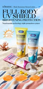Coffret de lotion sérum solaire KORMESIC à la niacinamide sur une scène de plage