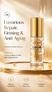 Detail view of KORMESIC Caviar & Black Truffle Anti-Aging Serum bottle with golden pearls