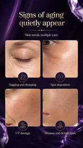 Detailed close-up showing skin aging signs like sagging, spots, and UV damage.
