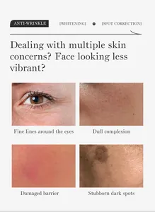 Close-up detail of common skin concerns: fine lines, dullness, redness, and dark spots.