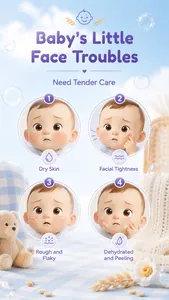 Détail montrant quatre problèmes de peau de bébé traités par la crème