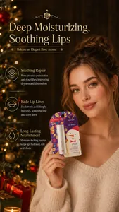 Woman holding KORMESIC Christmas Collection rose lip balm in festive holiday setting
