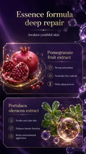 Infographic detailing pomegranate and portulaca extracts for antioxidant and deep skin repair