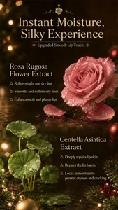 Detailed view of Christmas lip balm ingredients featuring rose and centella for soft lips