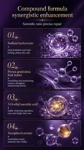 Detail infographic of face cream ingredients including sodium hyaluronate and fruit butter.