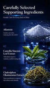 Detalle de los ingredientes de alantoína, camellia sinensis y cladosiphon okamuranus para piel
