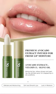 Close-up of glossy lips with moisturizing avocado lip balm tubes