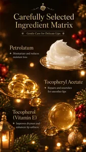 Detail view of KORMESIC Christmas Collection lip balm ingredients and textures.