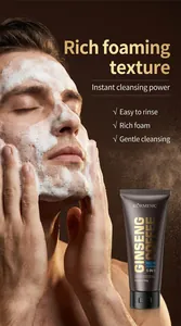 Detail view of rich foaming texture and KORMESIC Ginseng & Coffee Men's Cleanser tube.