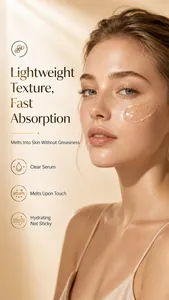 Close-up of lightweight clear serum texture on model's cheek for daily skincare