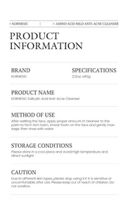 Detailed information for KORMESIC Salicylic Acid Anti-Acne Cleanser showing usage instructions