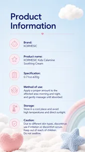Fiche technique de la crème apaisante KORMESIC pour enfants avec conseils d'utilisation.