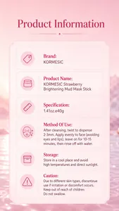 Scheda informativa per lo stick maschera all'argilla illuminante alla fragola KORMESIC, 40g