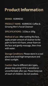 Detail view showing Kormesic Men's Facial Cleanser product specifications and usage instructions