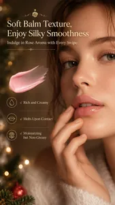 Close-up of moisturizing KORMESIC Christmas rose lip balm texture with silky smoothness