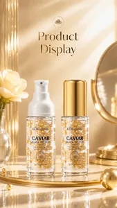 Detailed view of KORMESIC Caviar Black Truffle Serum in elegant golden pearl aesthetic setting