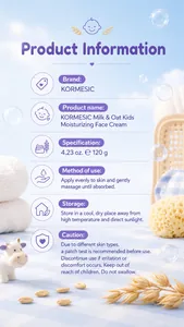 Fiche info pour crème hydratante Kormesic lait et avoine pour enfants avec mode d'emploi.
