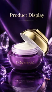 Detailed view of luxury purple face cream jar with rich white creamy texture.