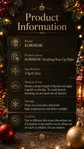 Detailed product info for KORMESIC Soothing Rose Lip Balm in festive theme