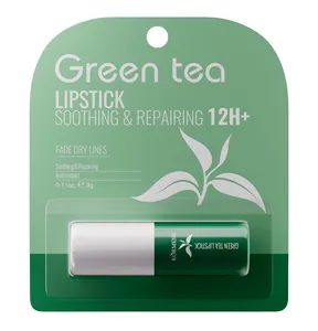 Close-up of KORMESIC green tea lipstick packaging showing 12-hour soothing benefits