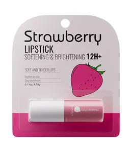 KORMESIC Strawberry Lip Balm in blister pack showing softening and brightening features.