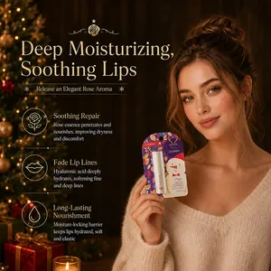 KORMESIC moisturizing rose lip balm from the Christmas collection held by female model