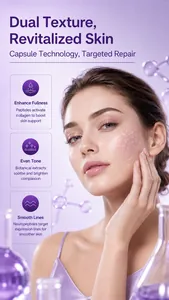 Model zeigt glatte Haut mit englischem Text über revitalisierende Kapsel-Cremetechnologie