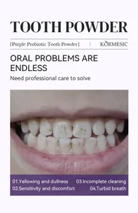 Vista detallada de las manchas dentales resueltas por el polvo dental probiótico púrpura